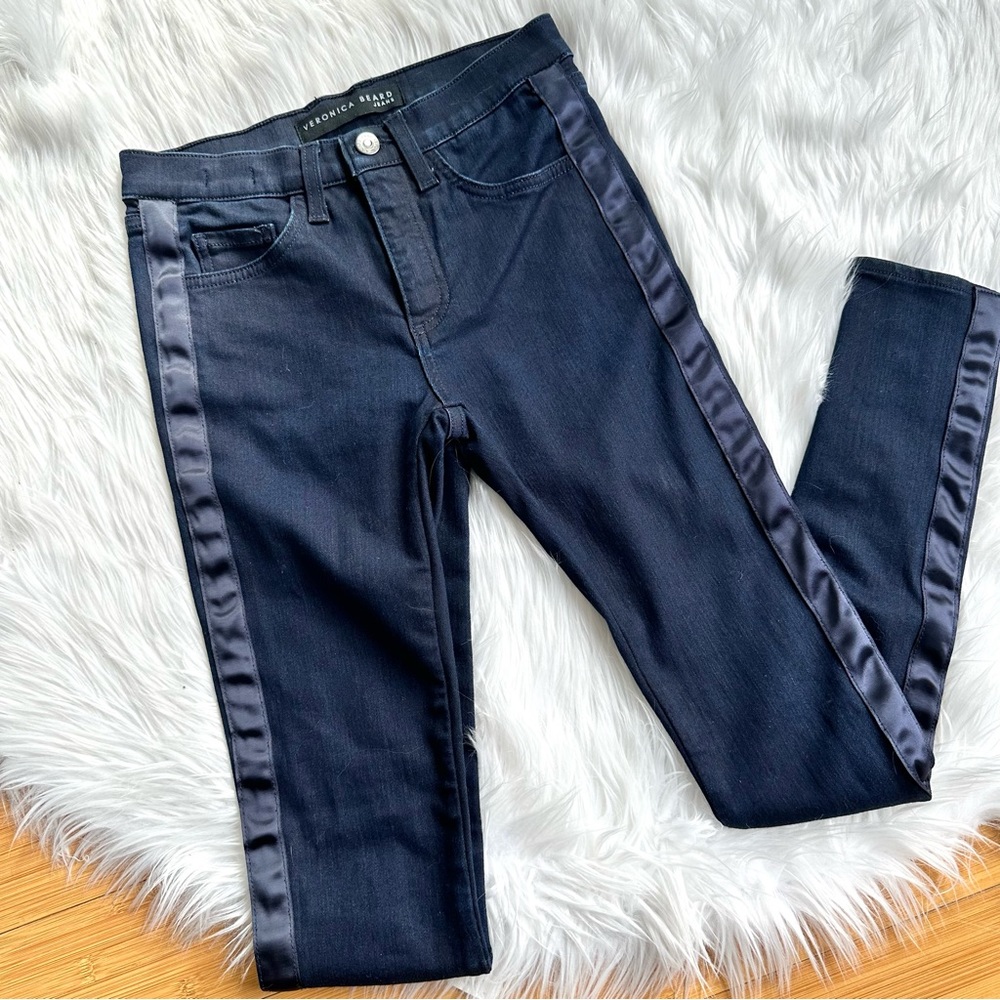 Veronica Beard Kate Highrise Skinny Dark Blue Satin Stripe Jeans Size 24